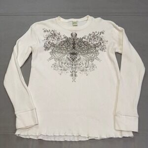 VTG Y2K Cross Thermal White Men Waffle Knit Sweater Skate Grunge Emo Sword-L5454